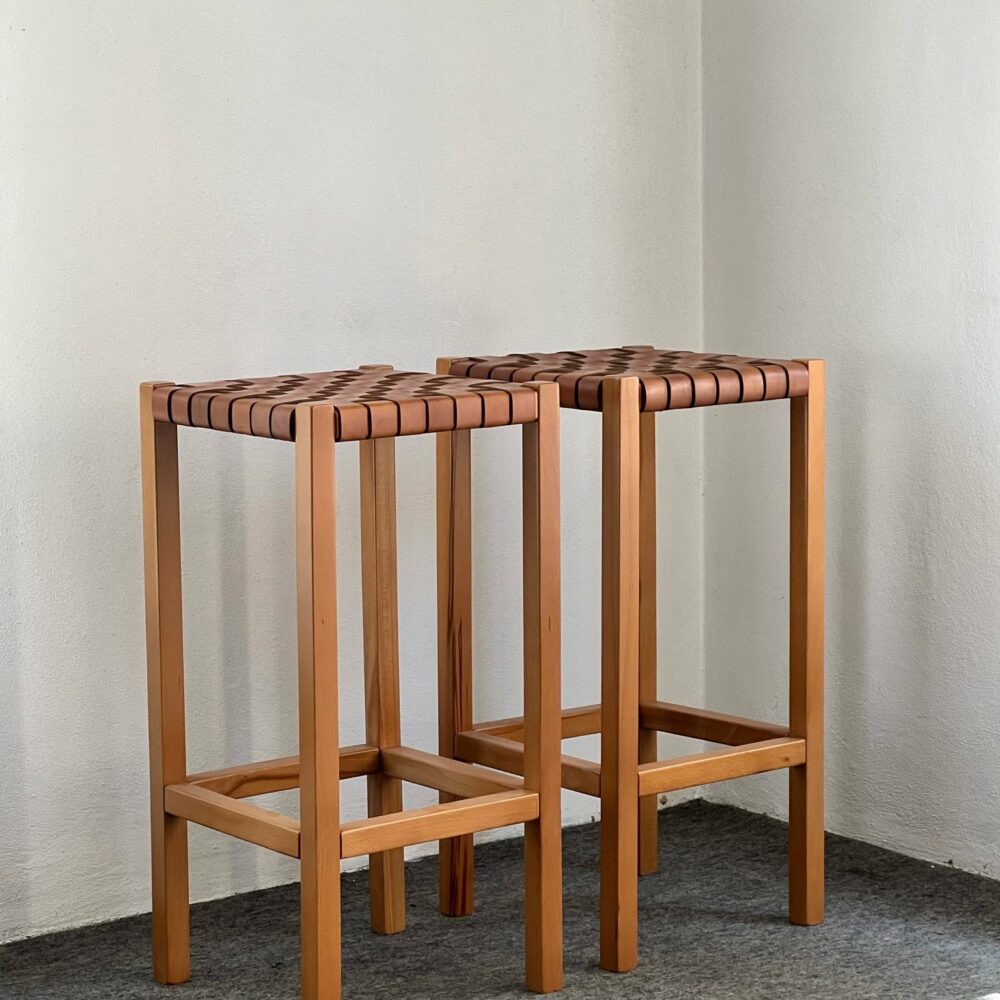 Pair of high stools in wood and woven leather